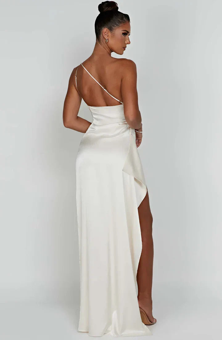 Satin stripe evening dress with one shoulder strap - Vivienne
