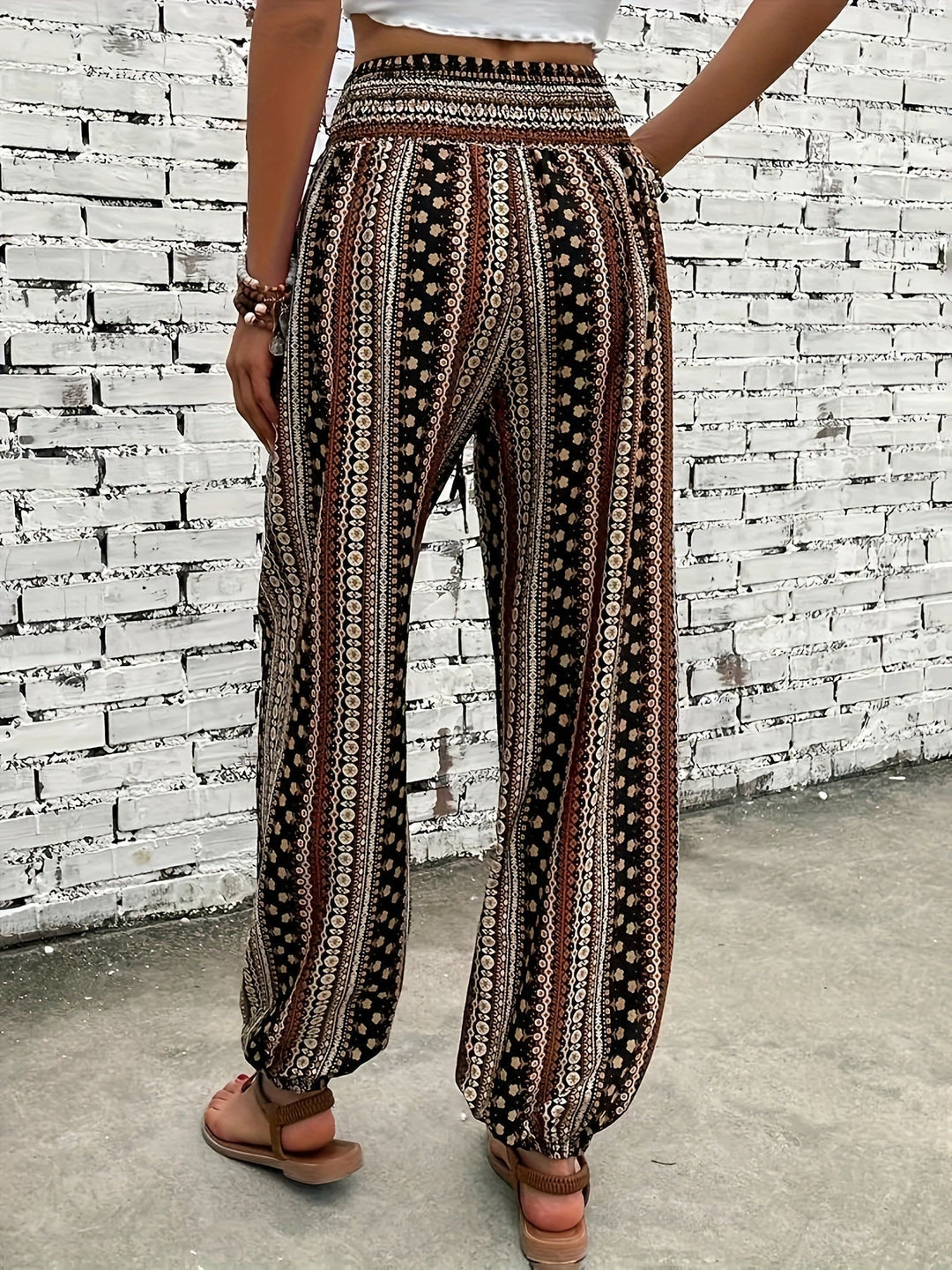 Boho High-Waist Women's Pants with Print & Smocked Waist – Linara
