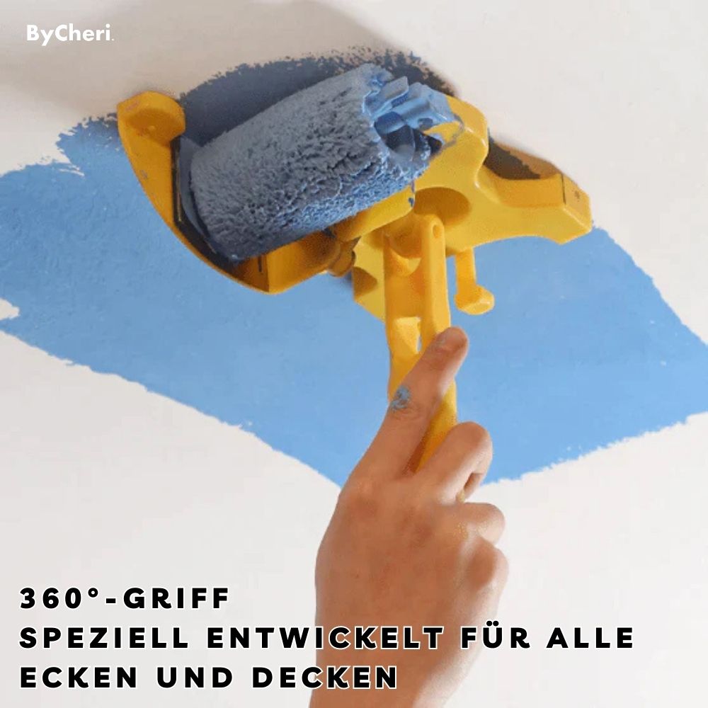 Das Werkzeug mit blauer Rolle wird an der Decke geführt, der drehbare Griff erlaubt das Streichen entlang der Kante. 6