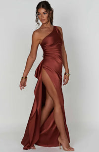 Satin stripe evening dress with one shoulder strap - Vivienne