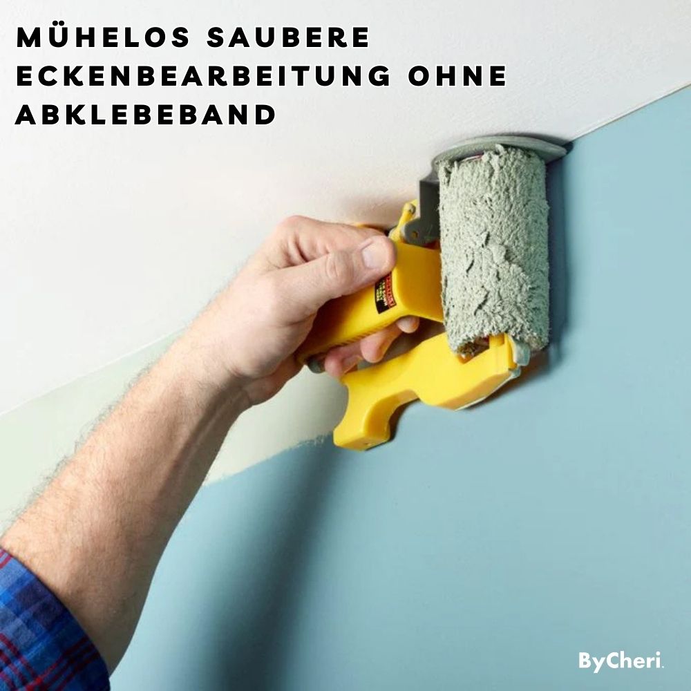 Hand zieht mit dem gelben Werkzeug und grüner Farbrolle eine saubere Linie zwischen weißer Decke und hellblauer Wand. 2