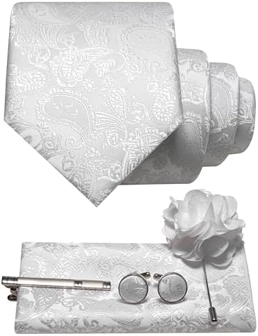 Weißes Paisley-Set mit Krawatte, Einstecktuch, Manschettenknöpfen, Krawattenklammer und Blumen-Reversnadel auf hellem Grund. 19