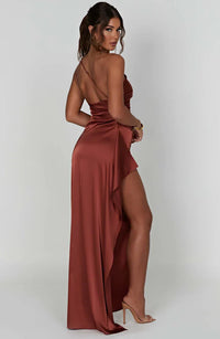 Satin stripe evening dress with one shoulder strap - Vivienne