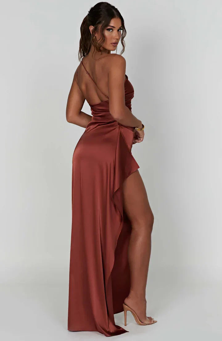 Satin stripe evening dress with one shoulder strap - Vivienne