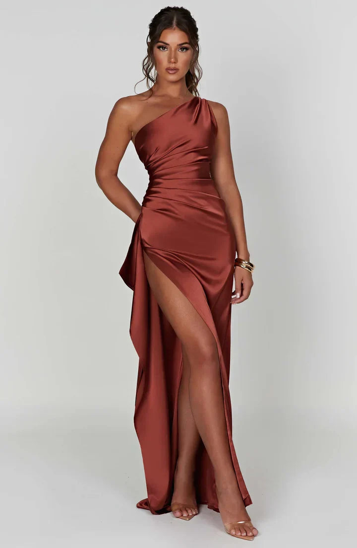 Satin stripe evening dress with one shoulder strap - Vivienne