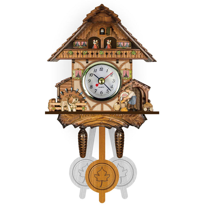 Wanduhr im Fachwerk-Look mit Wasserrad, Hund am Zaun, Frau mit Korb, Tanzpaar auf dem Balkon und Pendel. 8