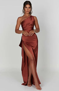 Satin stripe evening dress with one shoulder strap - Vivienne