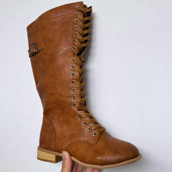 Knee-high leather women's boots with lacing and orthopedic comfort – Soraya