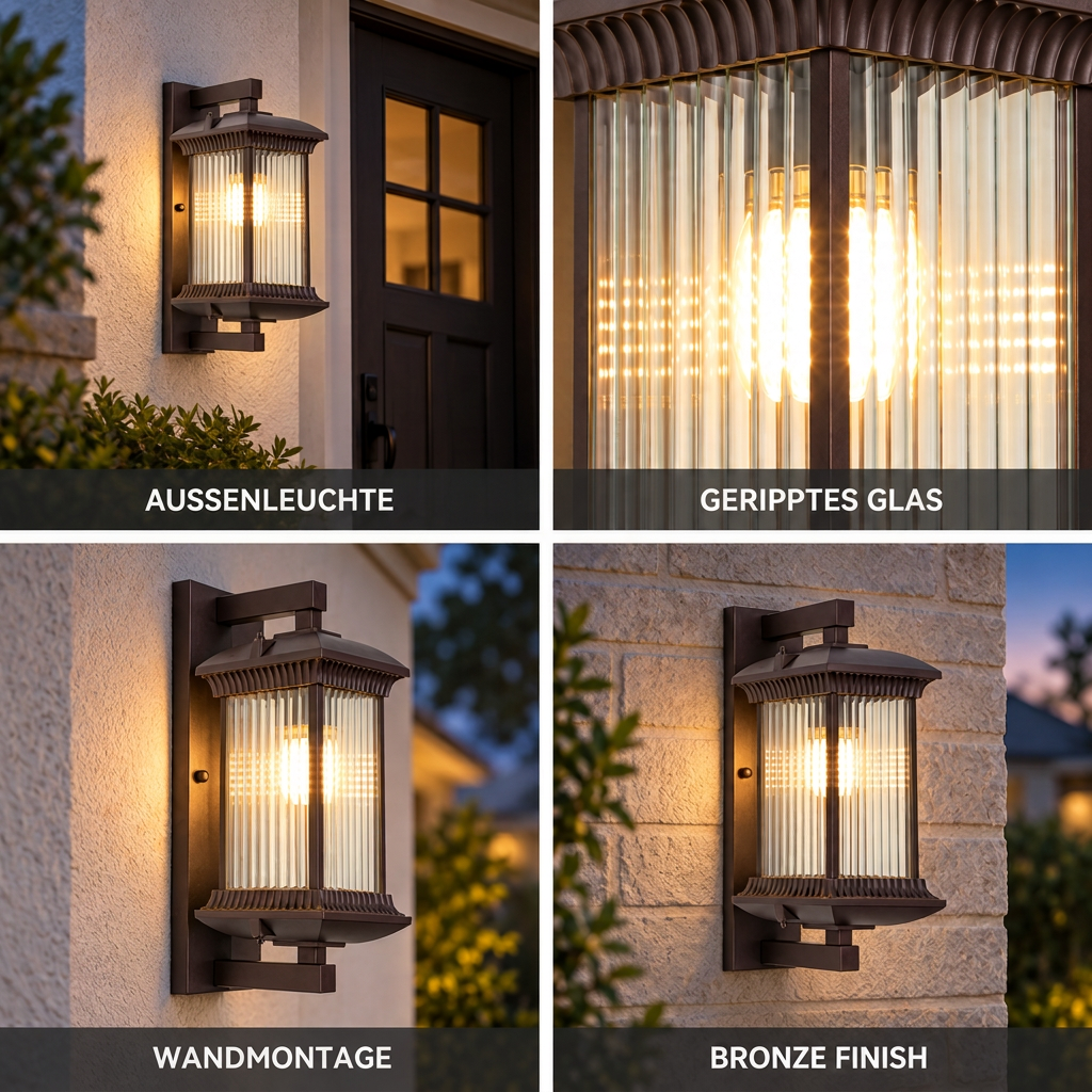 Værbestandig utendørs vegglampe med riflet glass og metallramme (fastkablet)