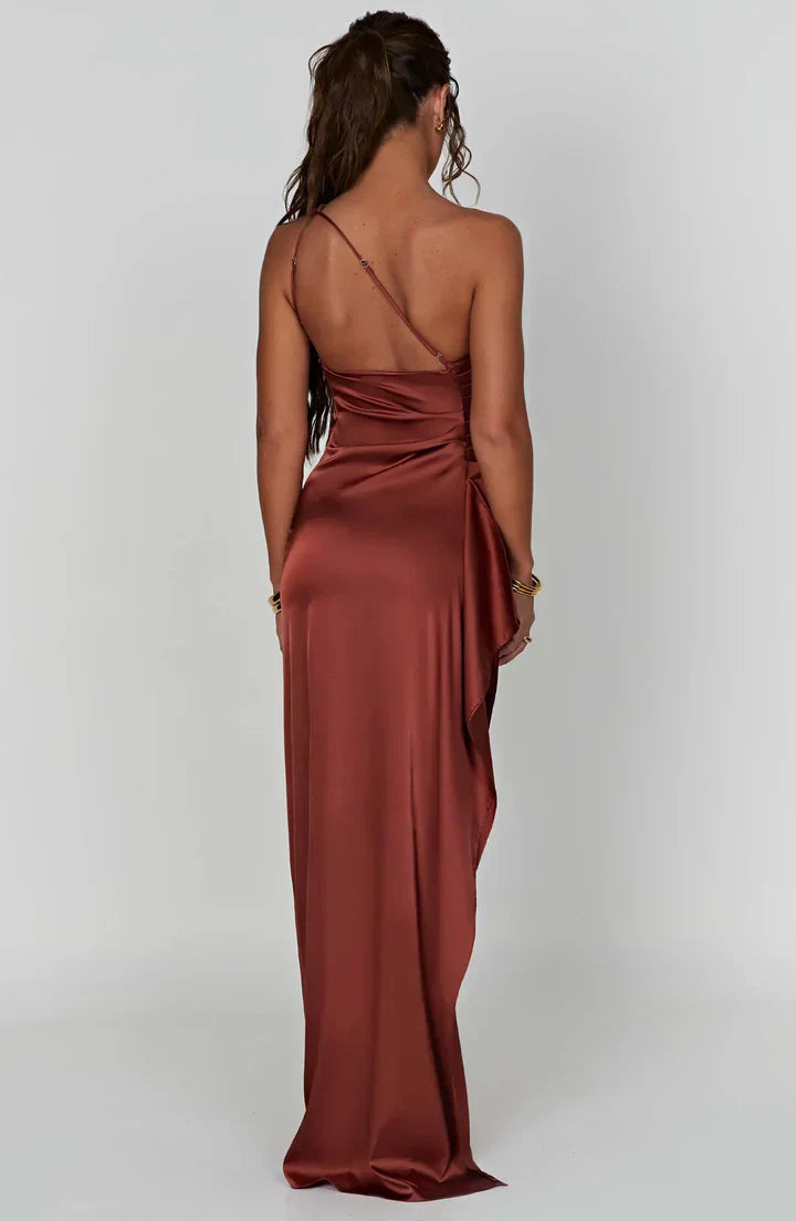 Satin stripe evening dress with one shoulder strap - Vivienne