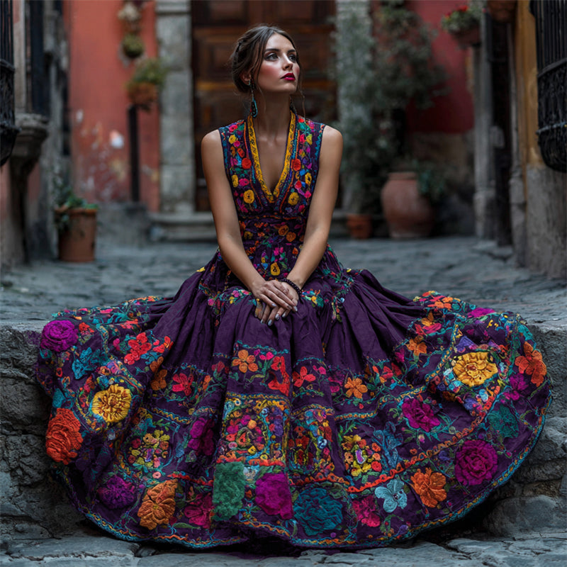 Das ärmellose V-Ausschnitt-Kleid mit bunten Blüten in tiefem Violett, getragen von einer sitzenden Frau vor rostroter Hauswand. 3