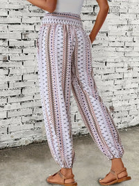 Boho High-Waist Women's Pants with Print & Smocked Waist – Linara
