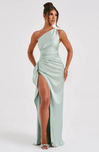 Satin stripe evening dress with one shoulder strap - Vivienne