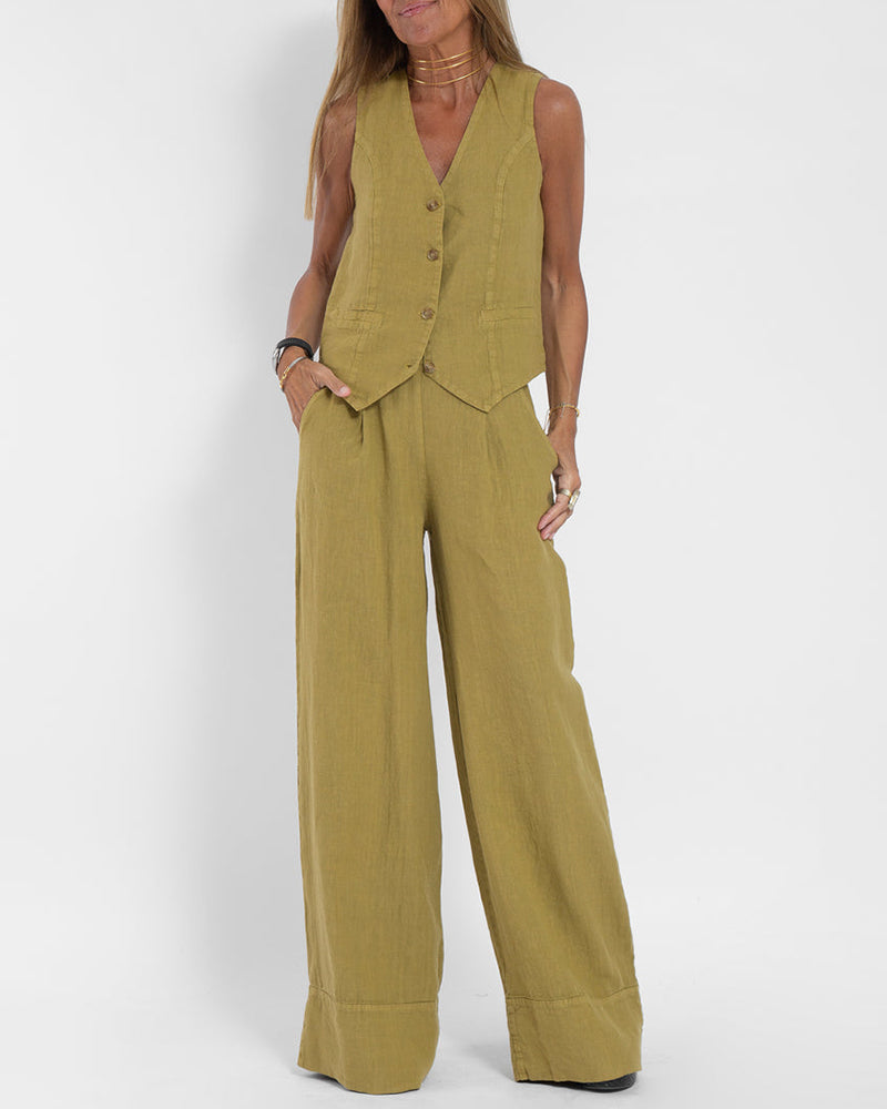 Linen 2-piece set with wide-cut pants and vest – Alma