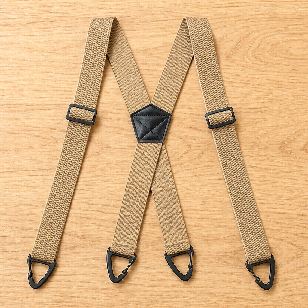 Beige X-Hosenträger mit schwarzem Kreuzungsstück, zwei Längenverstellern und vier schwarzen Klammern, flach auf Holz. 16