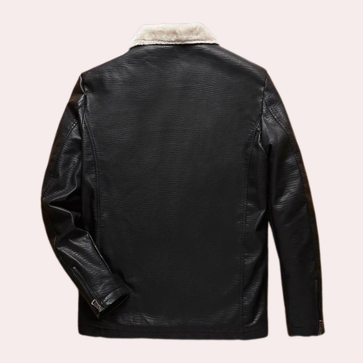 Schwarze Lederjacke mit weißem Kragen, Herrenmode, stilvoll, warm, Winterbekleidung.