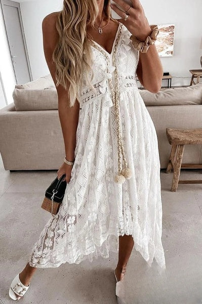 Weiße Spitzenfransen-Kleid - Élodie