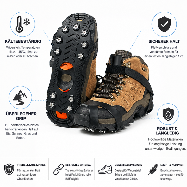 Infografik mit Wanderstiefel und Eisgriff, umgeben von Symbolen und kurzen Texten zu Eigenschaften des Produkts 5
