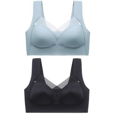 Zwei nahtlose Bralettes mit breiten Trägern und transparentem Einsatz am Ausschnitt, eines in Hellblau oben, eines in Schwarz unten, Vorderansicht. 21