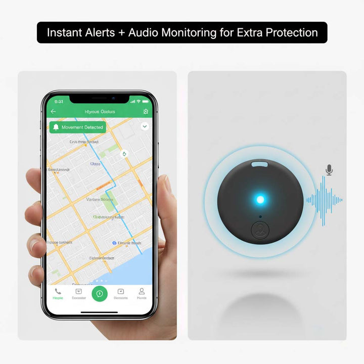 Links ein Smartphone mit Bewegungswarnung auf der Karte, rechts der Tracker mit blau leuchtendem Kreis und Schallwellen für die Audioüberwachung. 5