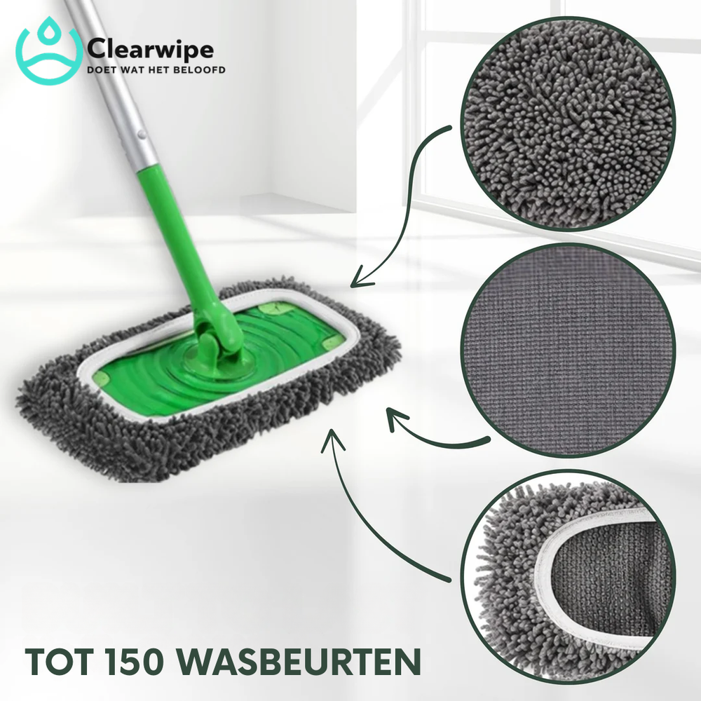 Mopp mit grauem Chenille-Bezug in heller Wohnung, drei Kreise zeigen die Struktur von Zotteln, Unterseite und Rand. 2