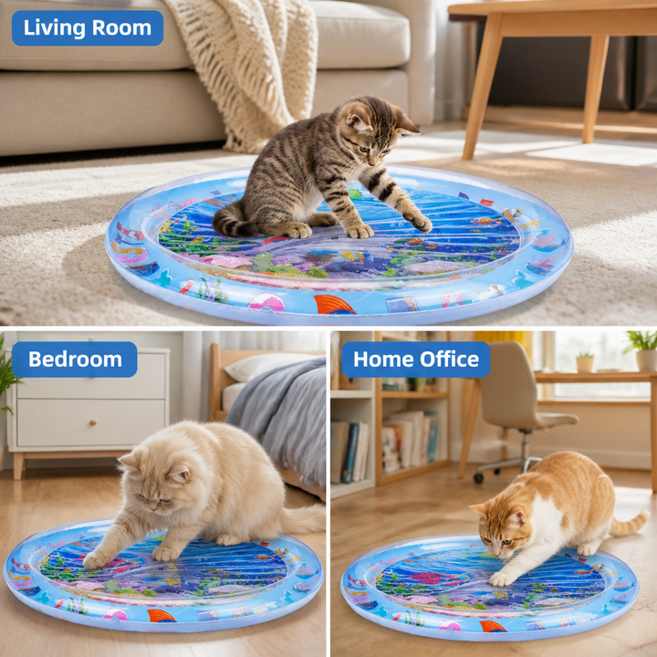 Drei Wohnräume nebeneinander: Katzen spielen auf der runden Wassermatte im Wohnzimmer, im Schlafzimmer und im Homeoffice. 5