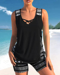 Trendy badetøj med V-udskæring og geometrisk mønster – Tankini-sæt Madonna