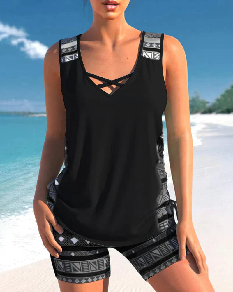 Trendy badetøj med V-udskæring og geometrisk mønster – Tankini-sæt Madonna