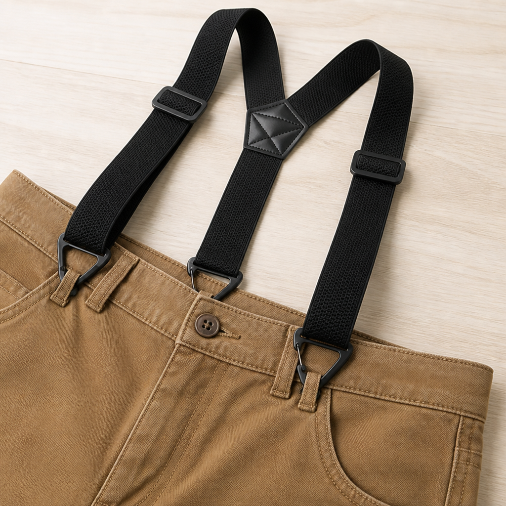 Schwarze Hosenträger mit Lederimitat-Mittelstück und Klammern an den Bund einer braunen Hose geclippt, Nahaufnahme von oben auf Holz. 4