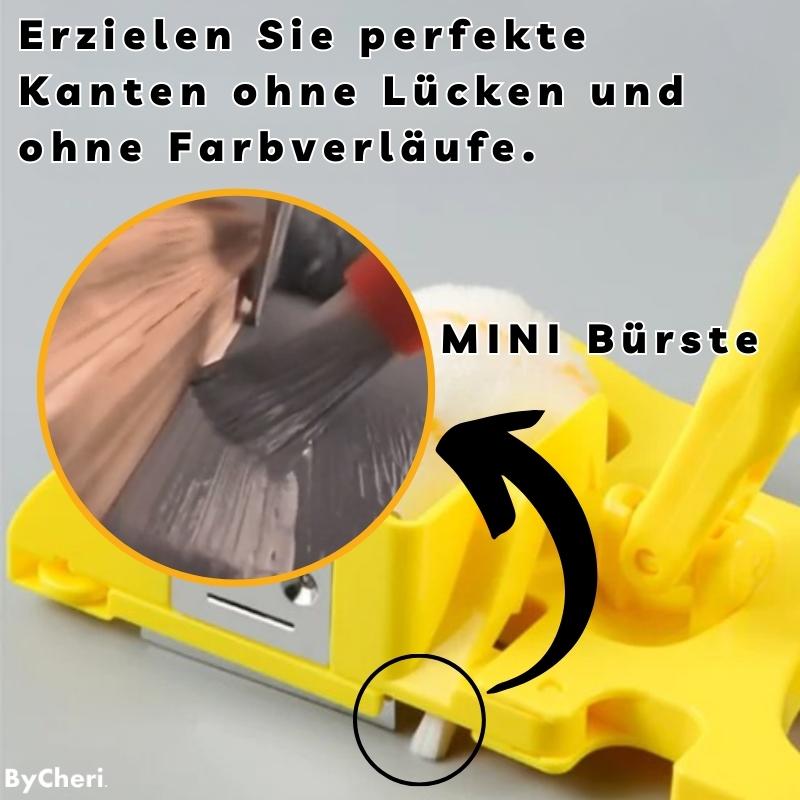Nahaufnahme der kleinen Bürste an der Unterkante des gelben Werkzeugs, mit rundem Ausschnitt, der das Streichen an einer Holzkante zeigt. 3