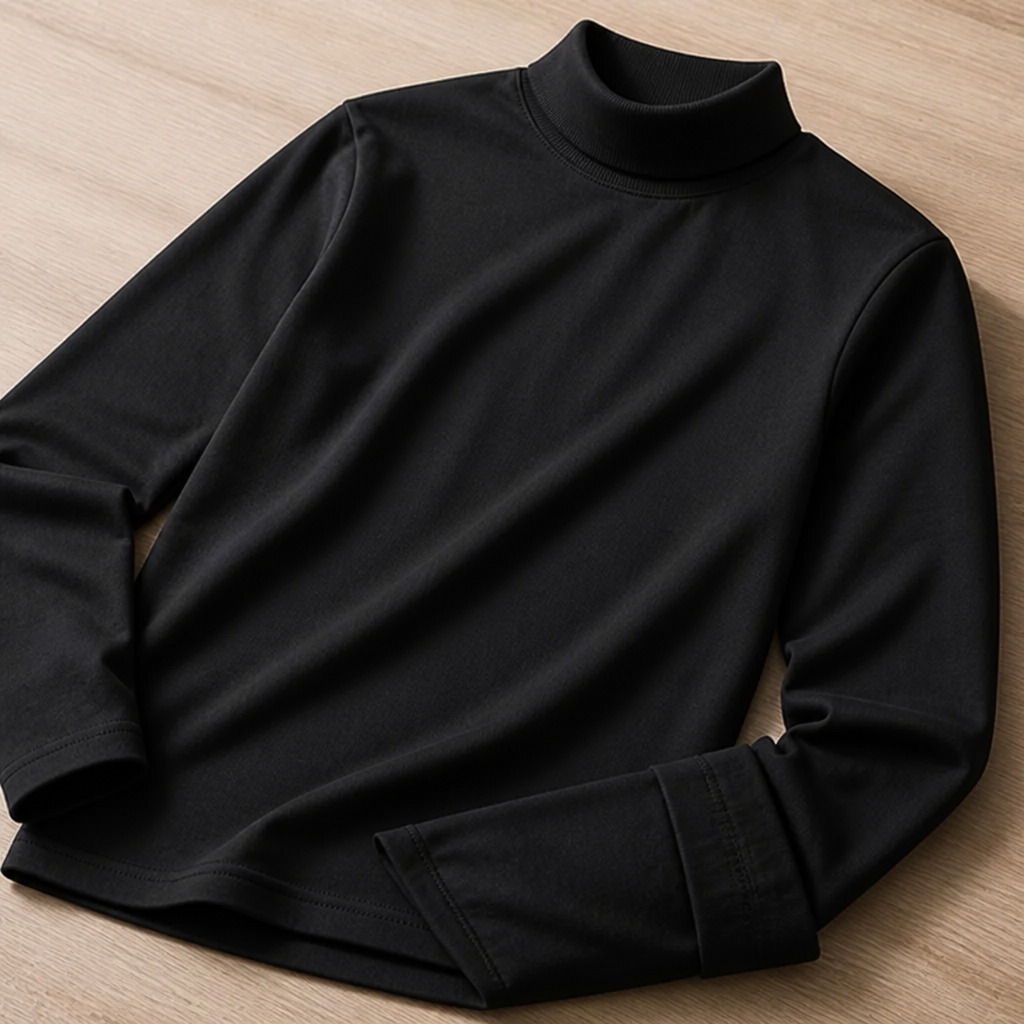 Schwarzes Langarmshirt liegt schräg auf hellem Holz, der hohe Kragen und ein umgeschlagener Ärmel sind gut zu erkennen. 4