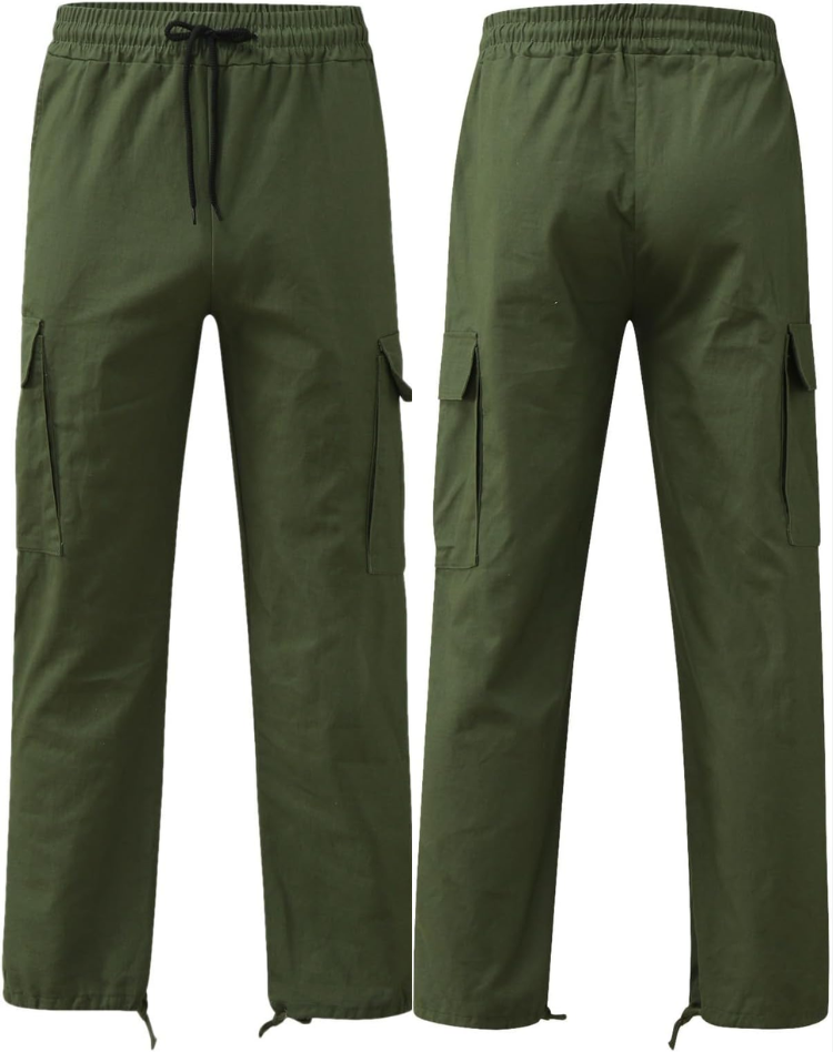 Olivgrüne Cargohose in Vorder- und Rückansicht nebeneinander mit Gummibund, schwarzem Kordelzug, Seitentaschen und Kordelzügen am Saum. 2