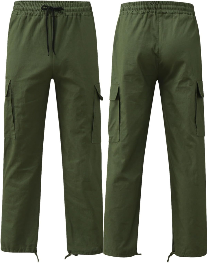 Olivgrüne Cargohose in Vorder- und Rückansicht nebeneinander mit Gummibund, schwarzem Kordelzug, Seitentaschen und Kordelzügen am Saum. 2