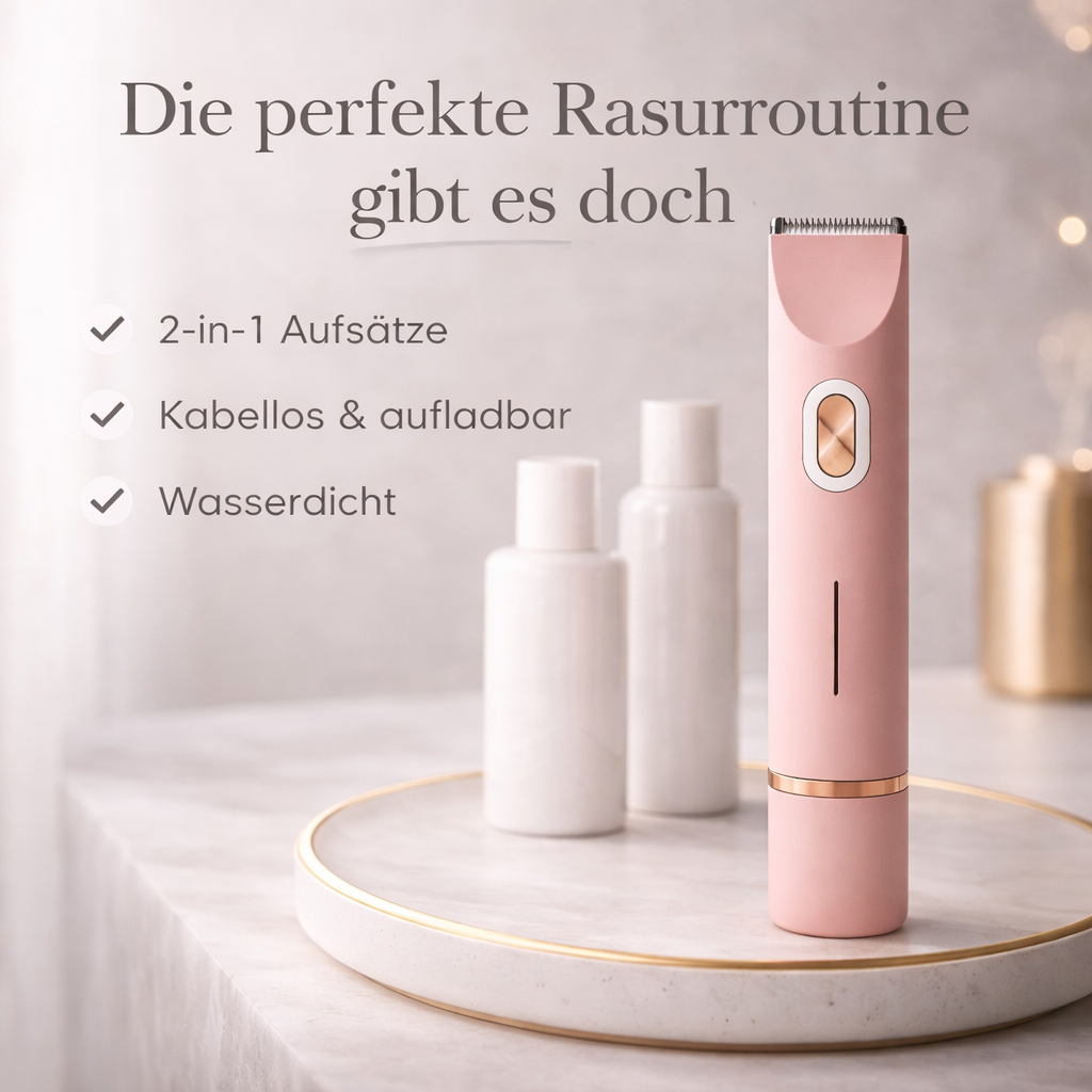 Rosa Trimmer steht aufrecht auf einem runden Marmortablett mit Goldrand, daneben weiße Flaschen, dazu drei Merkmale als Liste. 9
