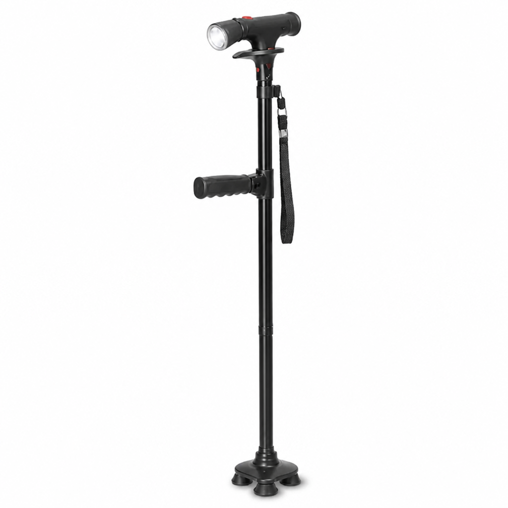 Schwarzer Gehstock mit LED-Lampe am Griff, Handschlaufe, seitlichem Zusatzgriff und vierfüßiger Standfläche, leicht schräg von vorn vor weißem Hintergrund. 5