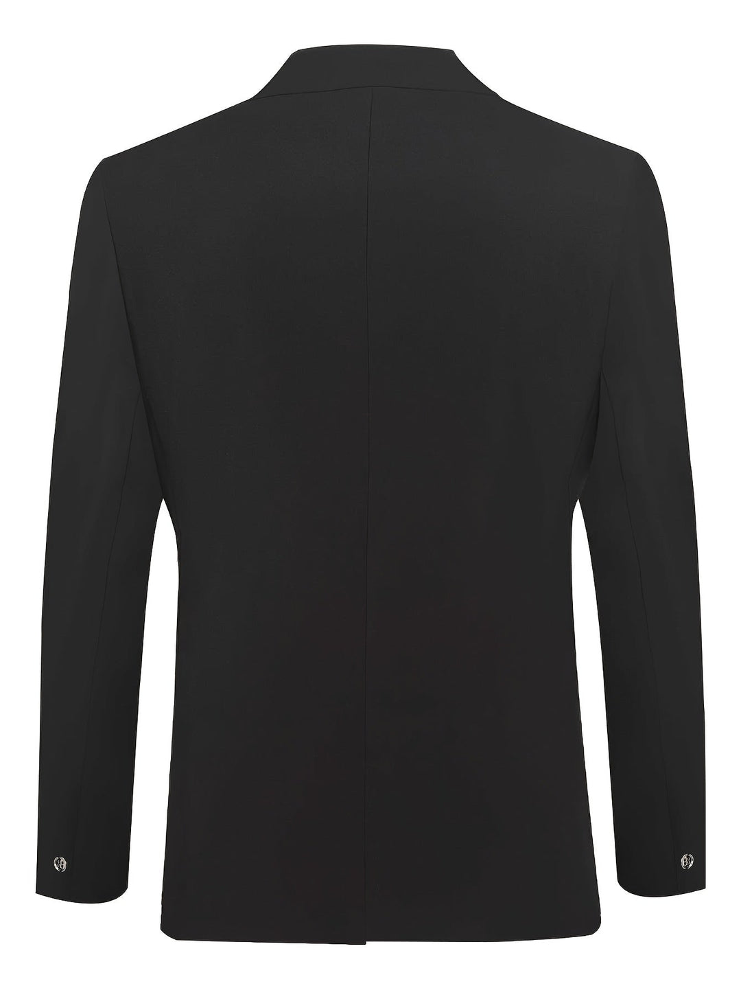 Schwarzes Herren-Sakko, Rückansicht, elegantes Design, formelle Kleidung, glattes Material.
