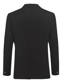 Schwarzes Herren-Sakko, Rückansicht, elegantes Design, formelle Kleidung, glattes Material.