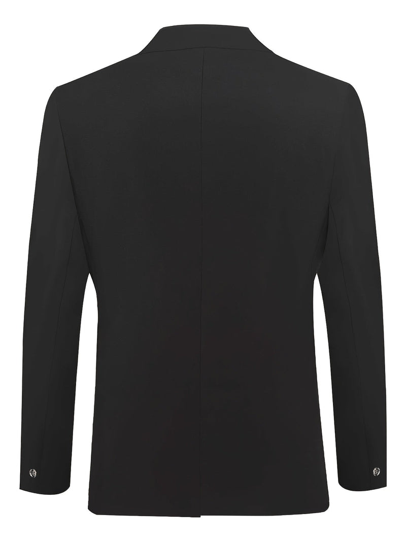 Schwarzes Herren-Sakko, Rückansicht, elegantes Design, formelle Kleidung, glattes Material.
