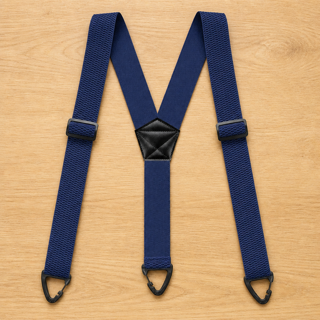 Marineblaue Hosenträger in Y-Form mit strukturiertem Gewebe, schwarzem Lederimitat-Mittelstück und drei Klammern auf Holz. 11