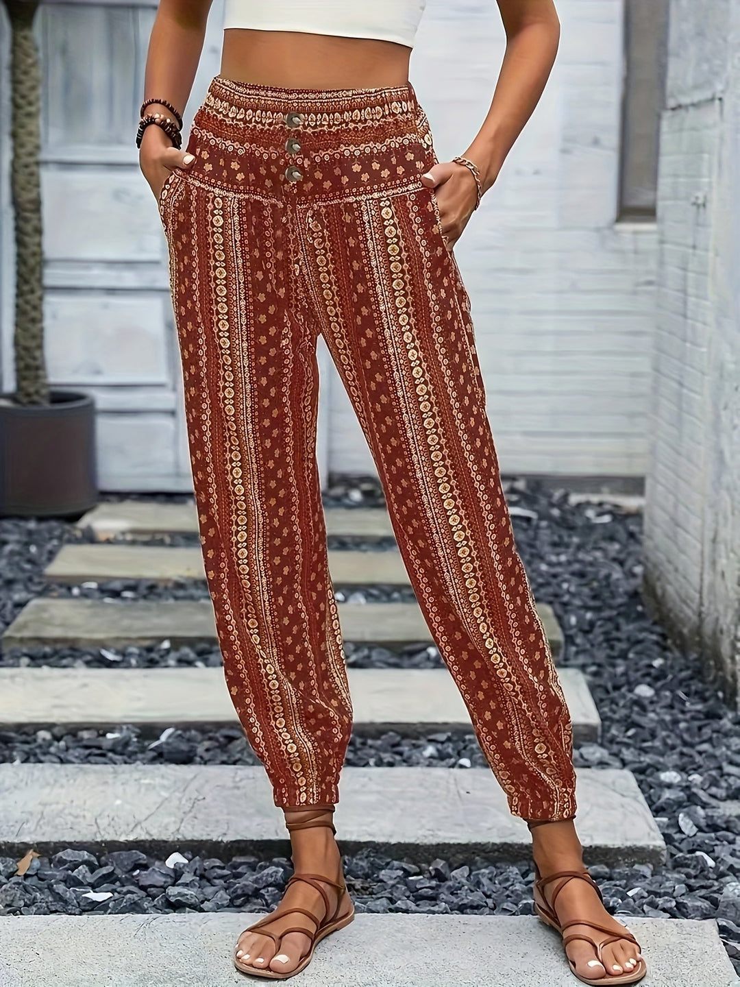 Boho High-Waist Women's Pants with Print & Smocked Waist – Linara