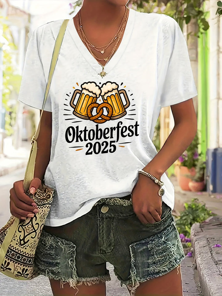 Dame Plus Size V-hals T-shirt med grafikprint – Anneliese Oktoberfest 2025