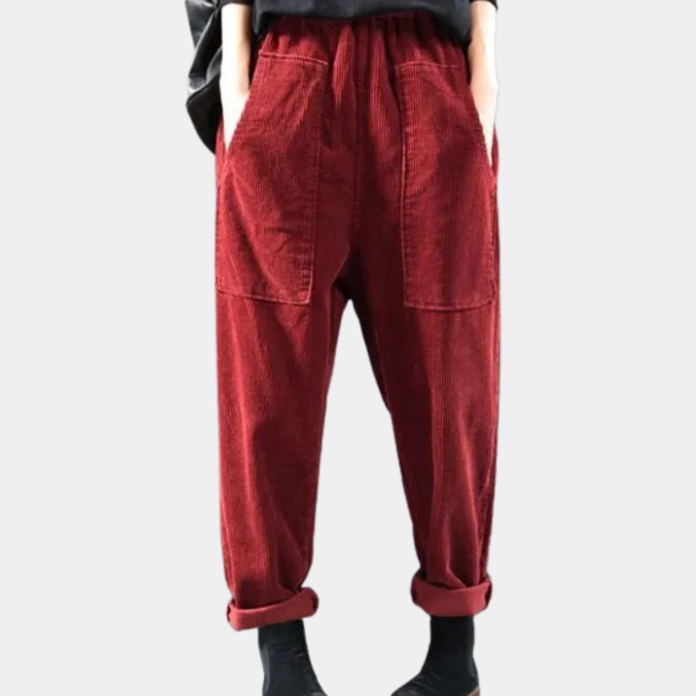 Rote Cordhose Damen, lässig, mit Taschen, elastischer Bund, modisch, bequem.