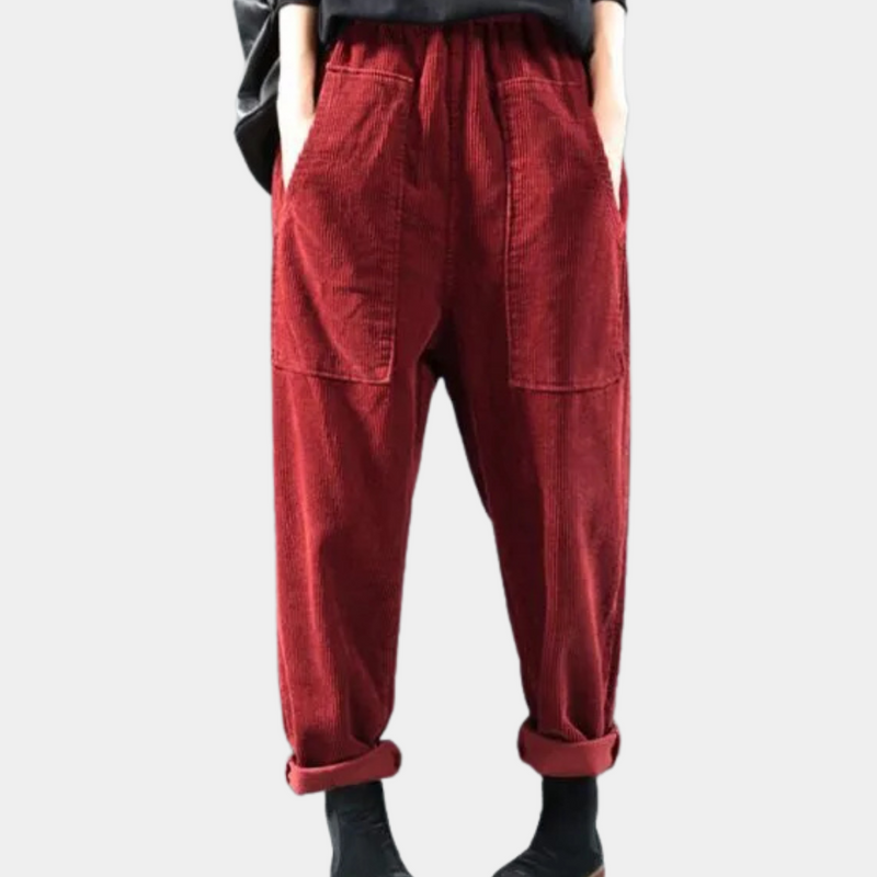 Rote Cordhose Damen, lässig, mit Taschen, elastischer Bund, modisch, bequem.