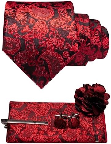 Rot-schwarzes Paisley-Set: Krawatte, Einstecktuch, Manschettenknöpfe, Krawattenklammer und Reversnadel mit Stoffblume. 8