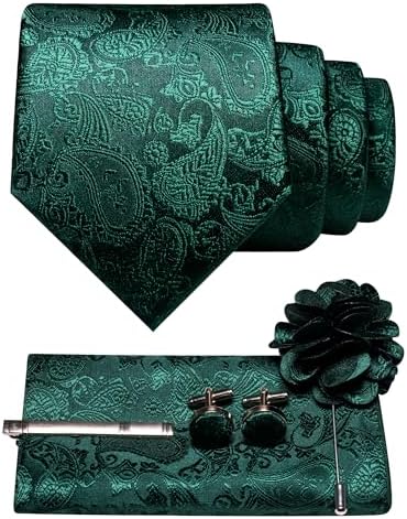 Dunkelgrünes Paisley-Set mit Krawatte, Einstecktuch, Manschettenknöpfen, Krawattenklammer und Reversnadel mit Stoffblume. 4