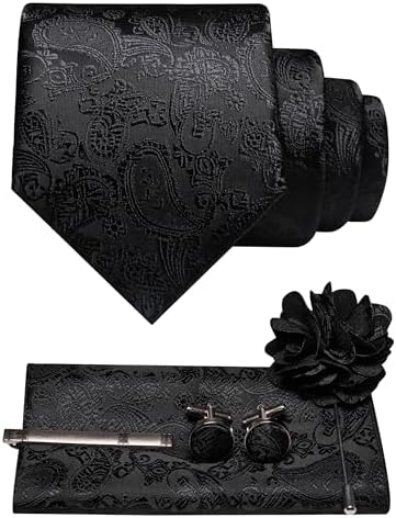 Schwarzes Paisley-Set mit Krawatte, Einstecktuch, Manschettenknöpfen, Krawattenklammer und Blumenbrosche im Tonin-Ton-Muster. 9
