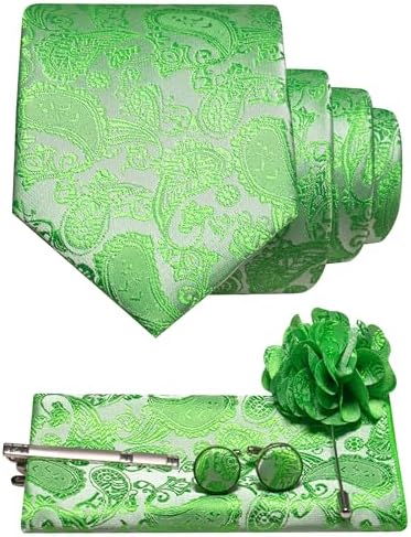 Apfelgrünes Paisley-Set mit Krawatte, Einstecktuch, Manschettenknöpfen, Krawattenklammer und Reversnadel mit Stoffblume. 17