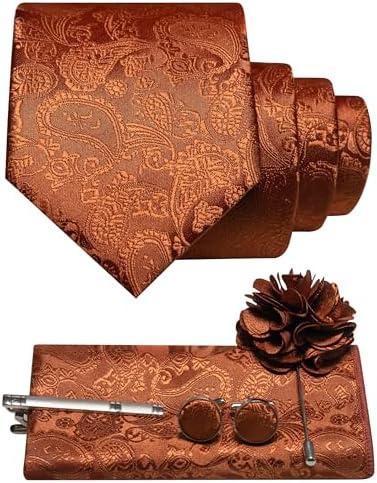 Kupferbraunes Paisley-Set: aufgerollte Krawatte, Einstecktuch, Manschettenknöpfe, Krawattenklammer und Blumen-Reversnadel. 15