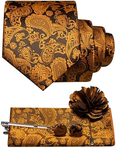 Set in Bernstein und Braun mit Paisleymuster: Krawatte, Einstecktuch, Manschettenknöpfe, Klammer und Blumenbrosche. 11