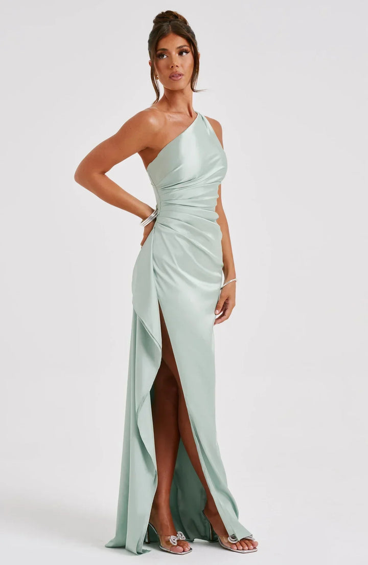 Satin stripe evening dress with one shoulder strap - Vivienne